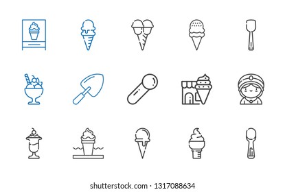 scoop icons set. Collection of scoop with ice cream, ice cream cone, seer, shovel. Editable and scalable scoop icons.