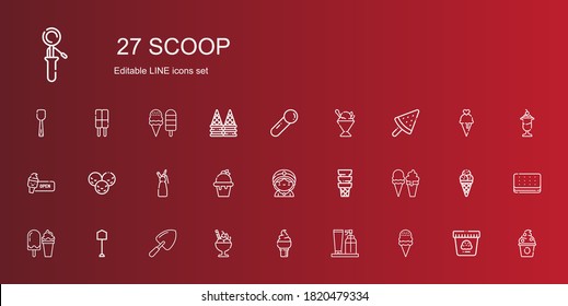 scoop icons set. Collection of scoop with ice cream, cream, shovel, seer, whipped cream, sorbet, frozen yogurt. Editable and scalable scoop icons.