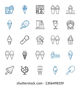 scoop icons set. Collection of scoop with shovel, ice cream, frozen yogurt, sand, seer, cream. Editable and scalable scoop icons.