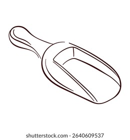 Scoop illustration with handle in line art style. Perfect for kitchen decor, ingredient packaging, baking tool, food label recipe and rustic culinary design isolated on a white background.