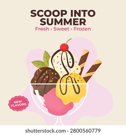 Scoop Into Summer Ice Cream Sundae Social Media Poster Vector with Colorful Frozen Dessert