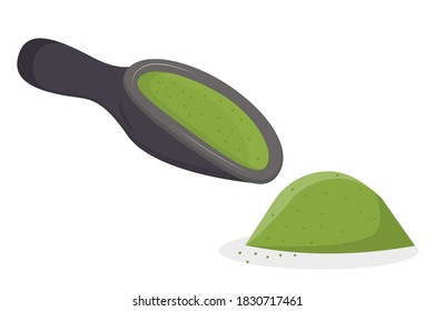 A scoop of matcha tea and a handful is isolated on a white background. Vector illustration in flat cartoon style. Green Japanese tea, healthy food and drinks.