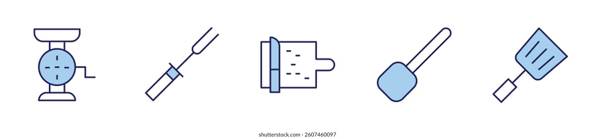 scoop, meat grinder, spatula, fork, cutting board. Utensil Icon vector illustration. Line Duotone style. Editable stroke.