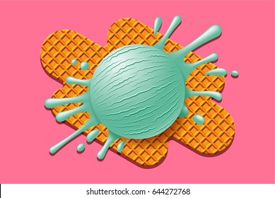 scoop of mint ice cream with splash on waffle on chocolate background vector