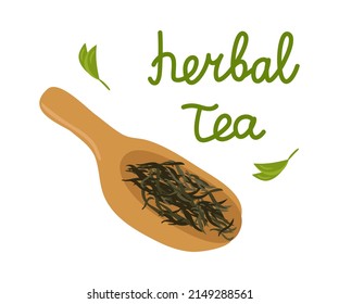 A scoop with natural loose herbal tea and lettering. Clipart for designer decor. Vector illustration