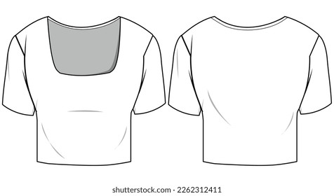 Scoop Neck Crop Top, Square Neck Crop T-Shirt Front und Back View. Mode-Illustration, Vektorgrafik, CAD, Technische Zeichnung, Flach-Zeichnung, Vorlage, Mockup	