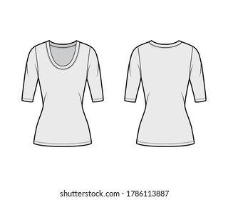 Scoop neck jersey shirt technical fashion illustration with elbow sleeves, close-fitting shape, tunic length. Flat sweater apparel template front back grey color. Women men unisex top CAD mockup