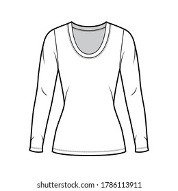 Scoop neck jersey shirt technical fashion illustration with long sleeves, close-fitting shape, tunic length. Flat sweater apparel template front white color. Women men unisex outfit top CAD mockup