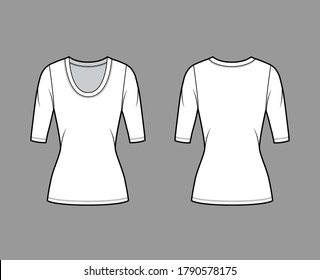 Scoop neck jersey shirt technical fashion illustration with elbow sleeves, close-fitting shape, tunic length. Flat sweater apparel template front back white color. Women men unisex top CAD mockup