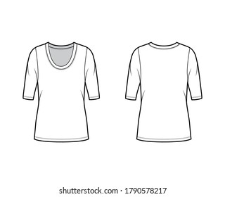 Scoop neck jersey shirt technical fashion illustration with elbow sleeves, oversized body, tunic length. Flat sweater apparel template front, back white color. Women, men unisex outfit top mockup