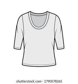 Scoop neck jersey shirt technical fashion illustration with elbow sleeves, oversized body. Flat sweater apparel template front, grey color. Women, men unisex outfit top CAD mockup