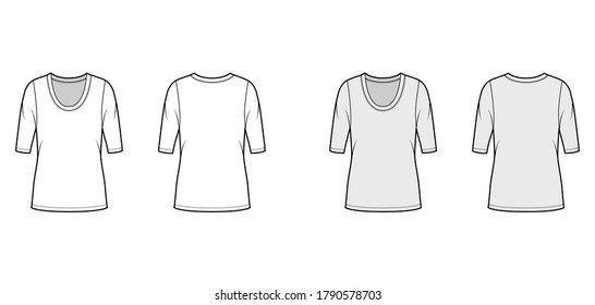 Scoop neck jersey shirt technical fashion illustration with elbow sleeves, oversized body, tunic length. Flat sweater apparel template front, back white grey color. Women, men unisex outfit top mockup