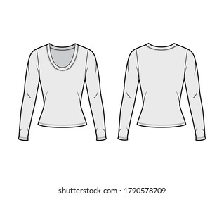 Scoop neck jersey shirt technical fashion illustration with long sleeves, close-fitting shape. Flat sweater apparel template front, back grey color. Women men, unisex outfit top CAD mockup