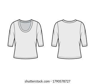 Scoop neck jersey shirt technical fashion illustration with elbow sleeves, oversized body. Flat sweater apparel template front, back grey color. Women, men unisex outfit top CAD mockup