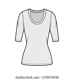 Scoop neck jersey shirt technical fashion illustration with elbow sleeves, close-fitting shape, tunic length. Flat sweater apparel template front grey color. Women men unisex top CAD mockup