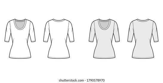 Scoop neck jersey shirt technical fashion illustration with elbow sleeves, close-fitting shape, tunic length. Flat sweater apparel template front back white grey color. Women men unisex top CAD mockup