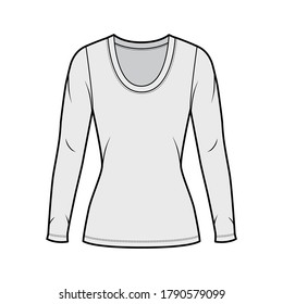 Scoop neck jersey shirt technical fashion illustration with long sleeves, close-fitting, shape tunic length. Flat sweater apparel template front grey color. Women men unisex outfit top CAD mockup