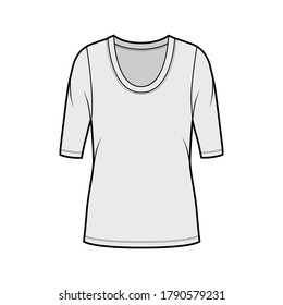 Scoop neck jersey shirt technical fashion illustration with elbow sleeves, oversized body, tunic length. Flat sweater apparel template front, grey color. Women, men unisex outfit top mockup