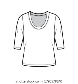 Scoop neck jersey shirt technical fashion illustration with elbow sleeves, oversized body. Flat sweater apparel template front, white color. Women, men unisex outfit top CAD mockup