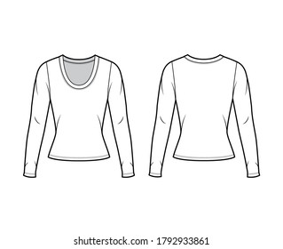 Scoop neck jersey shirt technical fashion illustration with long sleeves, close-fitting shape. Flat sweater apparel template front, back white color. Women men, unisex outfit top CAD mockup