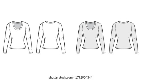 Scoop neck jersey shirt technical fashion illustration with long sleeves, close-fitting shape. Flat sweater apparel template front, back white grey color. Women men, unisex outfit top CAD mockup