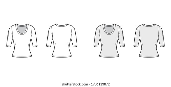 Scoop neck jersey sweater technical fashion illustration with elbow sleeves, close-fitting shape. Flat shirt apparel template front back white grey color. Women, men unisex outfit top CAD mockup