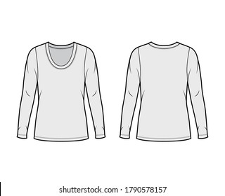 Scoop neck jersey sweater technical fashion illustration with long sleeves, oversized body, tunic length. Flat shirt apparel template front back grey color. Women men unisex outfit top CAD mockup