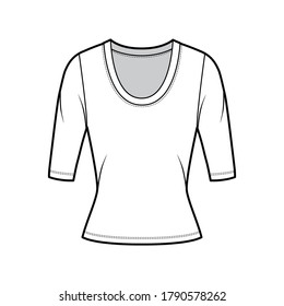 Scoop neck jersey sweater technical fashion illustration with elbow sleeves, close-fitting shape. Flat shirt apparel template front white color. Women, men unisex outfit top CAD mockup
