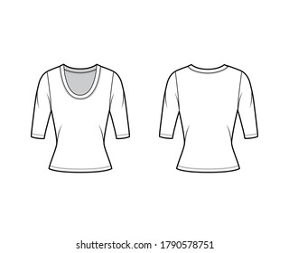 Scoop neck jersey sweater technical fashion illustration with elbow sleeves, close-fitting shape. Flat shirt apparel template front back white color. Women, men unisex outfit top CAD mockup