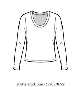 Scoop neck jersey sweater technical fashion illustration with long sleeves, oversized body. Flat shirt apparel template front white color. Women men unisex outfit top CAD mockup