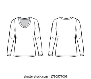 Scoop neck jersey sweater technical fashion illustration with long sleeves, oversized body, tunic length. Flat shirt apparel template front back white color. Women men unisex outfit top CAD mockup