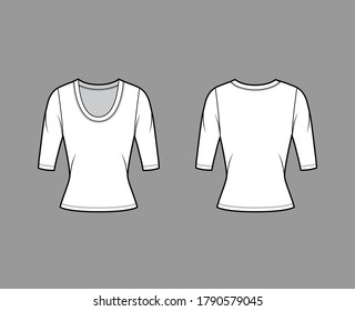 Scoop neck jersey sweater technical fashion illustration with elbow sleeves, close-fitting shape. Flat shirt apparel template front back white color. Women, men unisex outfit top CAD mockup