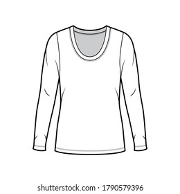 Scoop neck jersey sweater technical fashion illustration with long sleeves, oversized body, tunic length. Flat shirt apparel template front white color. Women men unisex top outfit CAD mockup