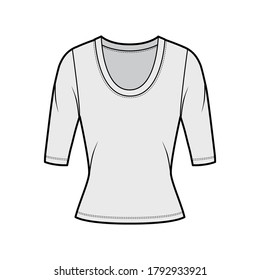 Scoop neck jersey sweater technical fashion illustration with elbow sleeves, close-fitting shape. Flat shirt apparel template front grey color. Women, men unisex outfit top CAD mockup