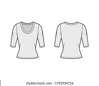 Scoop neck jersey sweater technical fashion illustration with elbow sleeves, close-fitting shape. Flat shirt apparel template front back grey color. Women, men unisex outfit top CAD mockup