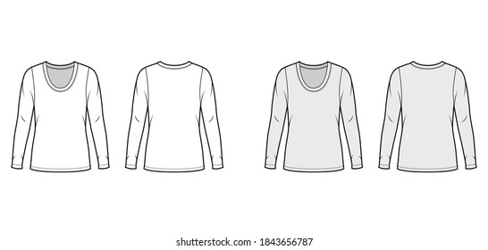 Scoop neck jersey sweater technical fashion illustration with long sleeves, oversized body tunic length. Flat shirt apparel template front back white grey color. Women men unisex outfit top CAD mockup