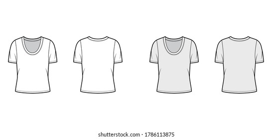 Scoop neck jersey t-shirt technical fashion illustration with short sleeves, oversized body. Flat apparel template front, back, white, grey color. Women, men unisex outfit top CAD mockup