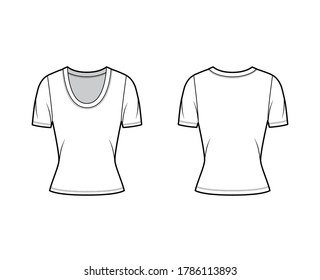 Scoop neck jersey t-shirt technical fashion illustration with short sleeves, close-fitting shape. Flat apparel template front, back white color. Women, men, unisex outfit top CAD mockup