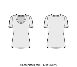 Scoop neck jersey t-shirt technical fashion illustration with short sleeves, oversized body, tunic length. Flat apparel template front back, grey color. Women, men, unisex outfit top CAD mockup