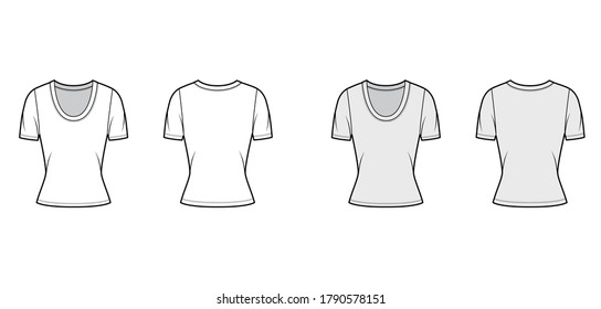 Scoop neck jersey t-shirt technical fashion illustration with short sleeves, close-fitting shape. Flat apparel template front, back white grey color. Women, men, unisex outfit top CAD mockup