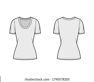 Scoop neck jersey t-shirt technical fashion illustration with short sleeves, close-fitting shape tunic length. Flat apparel template front, back grey color. Women, men, unisex outfit top CAD mockup