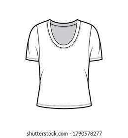 Scoop neck jersey t-shirt technical fashion illustration with short sleeves, oversized body. Flat apparel template front, white color. Women, men unisex outfit top CAD mockup