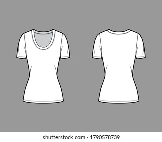 Scoop neck jersey t-shirt technical fashion illustration with short sleeves, close-fitting shape tunic length. Flat apparel template front, back white color. Women, men, unisex outfit top CAD mockup