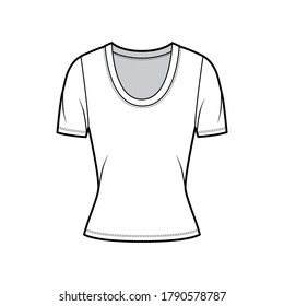 Scoop neck jersey t-shirt technical fashion illustration with short sleeves, close-fitting shape. Flat apparel template front, back white grey color. Women, men, unisex outfit top CAD mockup