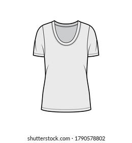 Scoop neck jersey t-shirt technical fashion illustration with short sleeves, oversized body, tunic length. Flat apparel template front, grey color. Women, men, unisex outfit top CAD mockup