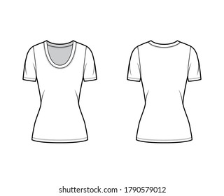 Scoop neck jersey t-shirt technical fashion illustration with short sleeves, close-fitting shape tunic length. Flat apparel template front, back white color. Women, men, unisex outfit top CAD mockup