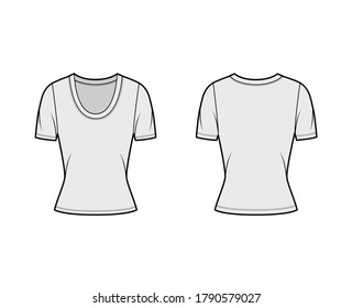 Scoop neck jersey t-shirt technical fashion illustration with short sleeves, close-fitting shape. Flat apparel template front, back grey color. Women, men, unisex outfit top CAD mockup