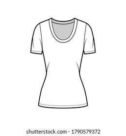 Scoop neck jersey t-shirt technical fashion illustration with short sleeves, close-fitting shape tunic length. Flat apparel template front, white color. Women, men, unisex outfit top CAD mockup