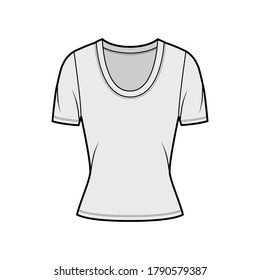Scoop neck jersey t-shirt technical fashion illustration with short sleeves, close-fitting shape. Flat apparel template front, grey color. Women, men, unisex outfit top CAD mockup