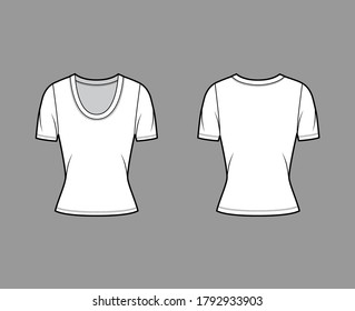 Scoop neck jersey t-shirt technical fashion illustration with short sleeves, close-fitting shape. Flat apparel template front, back white color. Women, men, unisex outfit top CAD mockup